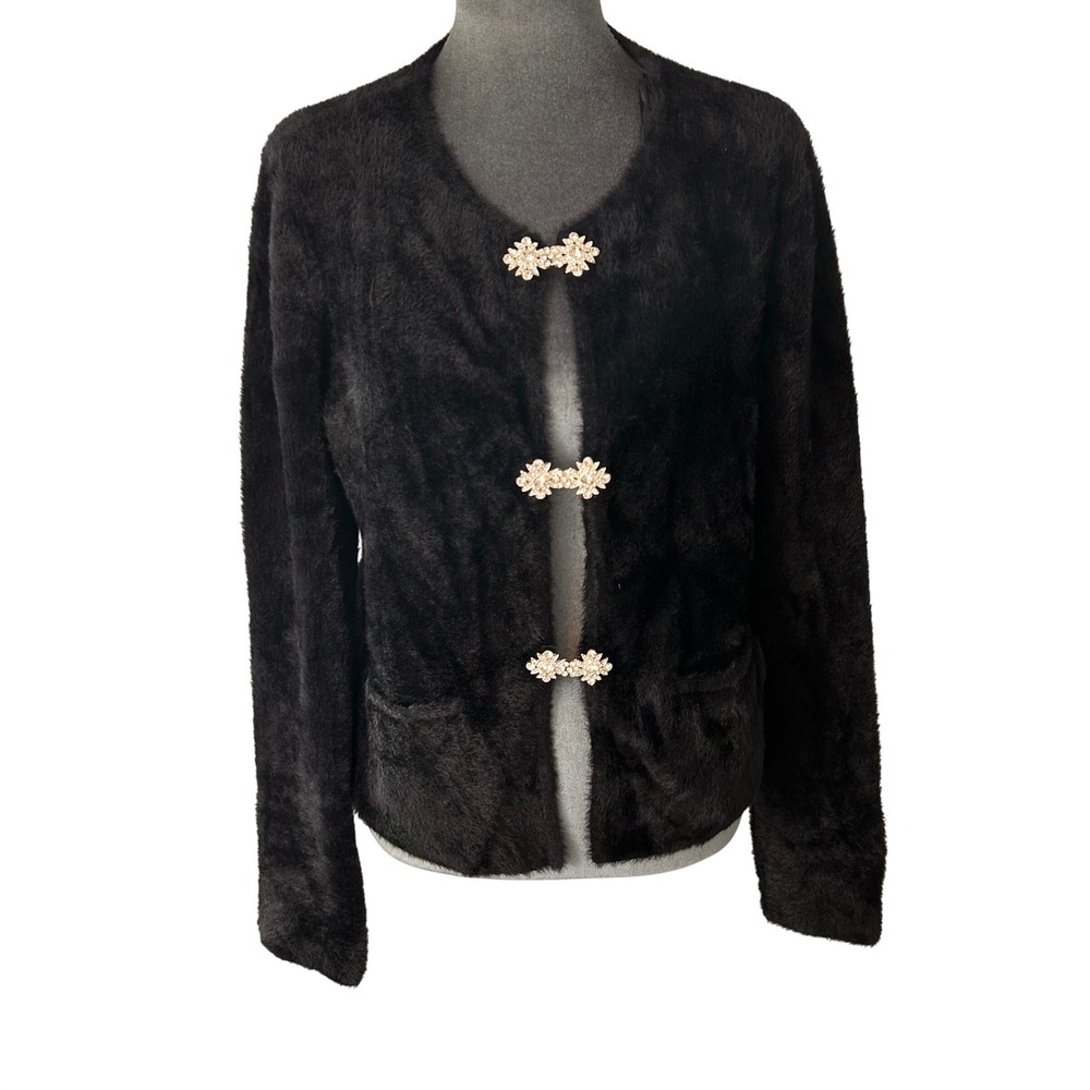 Cyrus Black Eyelash Knit Cardigan Rhinestone Floral Clasp Sweater Womens Medium